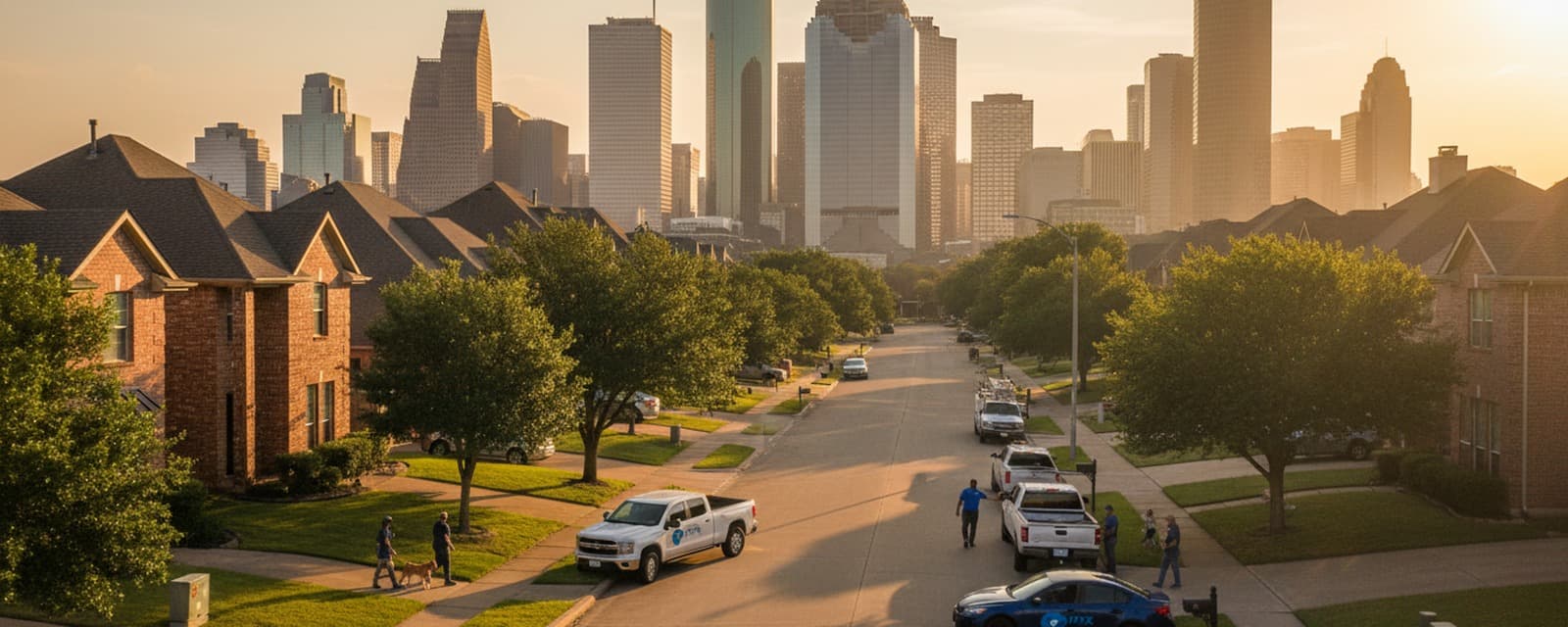 Houston neighborhood at golden hour